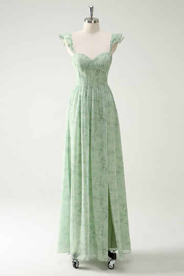 Une ligne de fleurs vertes volants bretelles longue robe de bal corset avec fendu sur le devant